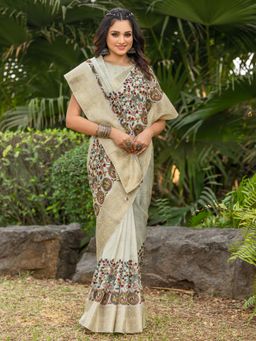 Akhilam - Women Viscose Silk Off White Printed Designer Saree with Unstitched Blouse