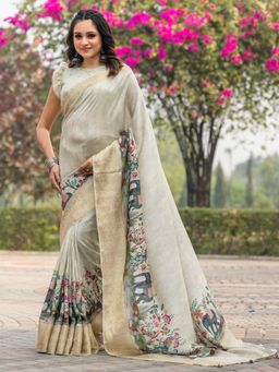 Akhilam - Women Viscose Silk Beige Printed Designer Saree with Unstitched Blouse