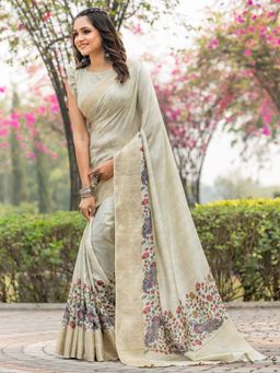 Akhilam - Women Viscose Silk Beige Printed Designer Saree with Unstitched Blouse