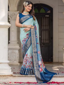 Akhilam - Women Viscose Silk Blue Printed Designer Saree with Unstitched Blouse