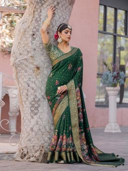 Akhilam - Women Viscose Silk Green Printed Designer Saree with Unstitched Blouse