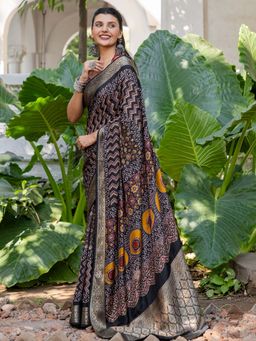 Akhilam - Women Viscose Silk Black Printed Designer Saree with Unstitched Blouse