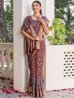 Akhilam - Women Viscose Silk Brown Printed Designer Saree with Unstitched Blouse