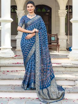 Akhilam - Women Viscose Silk Navy Blue Printed Designer Saree with Unstitched Blouse