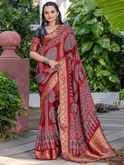 Akhilam - Women Viscose Silk Maroon Printed Designer Saree with Unstitched Blouse