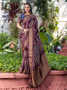 Akhilam - Women Viscose Silk Burgundy Printed Designer Saree with Unstitched Blouse