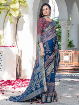 Akhilam - Women Viscose Silk Navy Blue Printed Designer Saree with Unstitched Blouse