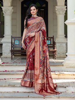 Akhilam - Women Viscose Silk Maroon Printed Designer Saree with Unstitched Blouse