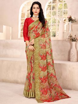 Akhilam - Women Chiffon Beige Printed Designer Saree with Unstitched Blouse