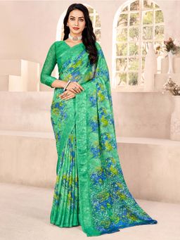 Akhilam - Women Chiffon Light Green Printed Designer Saree with Unstitched Blouse