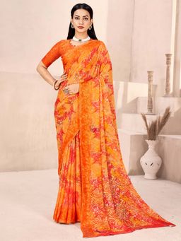 Akhilam - Women Chiffon Orange Printed Designer Saree with Unstitched Blouse