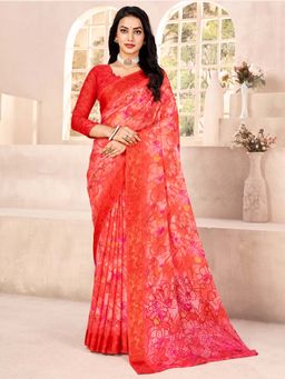 Akhilam - Women Chiffon Red Printed Designer Saree with Unstitched Blouse