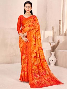 Akhilam - Women Chiffon Orange Printed Designer Saree with Unstitched Blouse