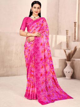 Akhilam - Women Chiffon Pink Printed Designer Saree with Unstitched Blouse