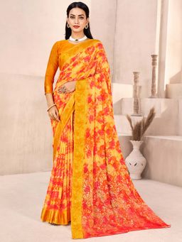 Akhilam - Women Chiffon Yellow Printed Designer Saree with Unstitched Blouse