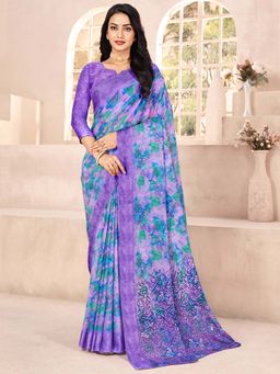 Akhilam - Women Chiffon Lavender Printed Designer Saree with Unstitched Blouse