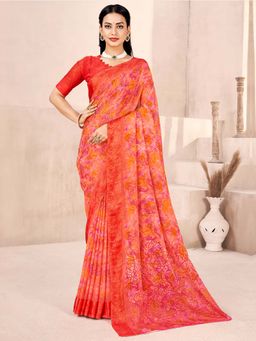 Akhilam - Women Chiffon Orange Printed Designer Saree with Unstitched Blouse