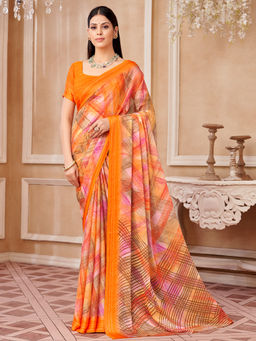 Akhilam - Women Chiffon Orange Printed Designer Saree with Unstitched Blouse