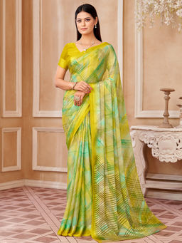 Akhilam - Women Chiffon Light Green Printed Designer Saree with Unstitched Blouse