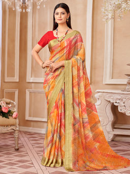 Akhilam - Women Chiffon Beige Printed Designer Saree with Unstitched Blouse