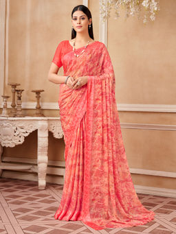 Akhilam - Women Chiffon Peach Printed Designer Saree with Unstitched Blouse