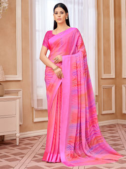 Akhilam - Women Chiffon Pink Printed Designer Saree with Unstitched Blouse