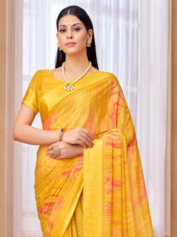 Akhilam - Women Chiffon Mustard Printed Designer Saree with Unstitched Blouse