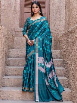 Akhilam - Women Tussar Silk Teal Blue Digital Print Saree with Unstitched Blouse