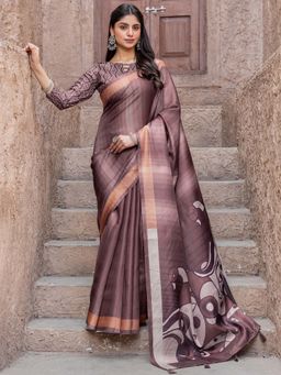 Akhilam - Women Tussar Silk Brown Digital Print Saree with Unstitched Blouse