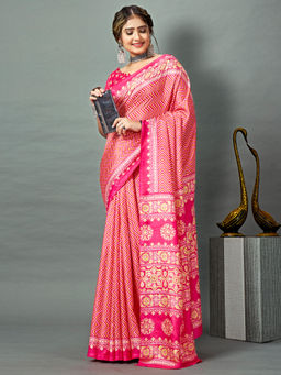 Akhilam - Women Dola Silk Pink Printed Designer Saree with Unstitched Blouse