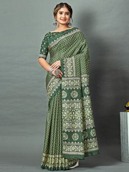 Akhilam - Women Dola Silk Green Printed Designer Saree with Unstitched Blouse