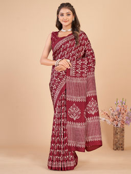 Akhilam - Women Dola Silk Maroon Printed Designer Saree with Unstitched Blouse