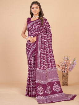 Akhilam - Women Dola Silk Magenta Printed Designer Saree with Unstitched Blouse