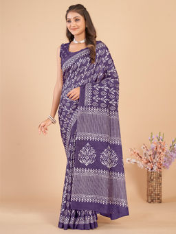 Akhilam - Women Dola Silk Purple Printed Designer Saree with Unstitched Blouse