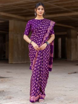 Akhilam - Women Dola Silk Purple Printed Designer Saree with Unstitched Blouse