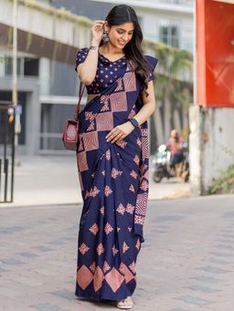 Akhilam - Women Dola Silk Navy Blue Printed Designer Saree with Unstitched Blouse
