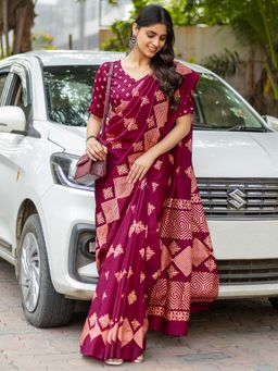 Akhilam - Women Dola Silk Magenta Printed Designer Saree with Unstitched Blouse
