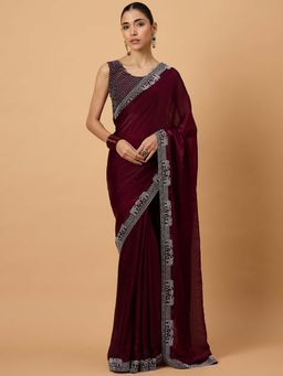 Akhilam - Women Satin Silk Magenta Embellished Designer Saree with Unstitched Blouse
