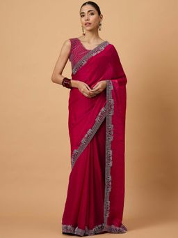 Akhilam - Women Satin Silk Pink Embellished Designer Saree with Unstitched Blouse