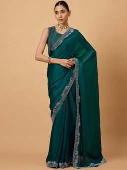 Akhilam - Women Satin Silk Teal Green Embellished Saree with Unstitched Blouse