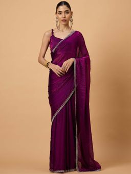 Akhilam - Women Chiffon Magenta Embellished Designer Saree with Unstitched Blouse
