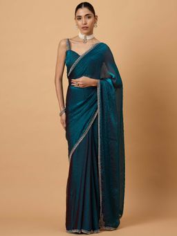 Akhilam - Women Chiffon Teal Blue Embellished Designer Saree with Unstitched Blouse