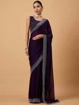 Akhilam - Women Chiffon Purple Embellished Designer Saree with Unstitched Blouse