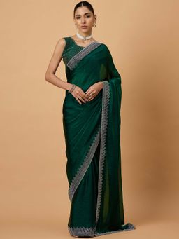 Akhilam - Women Chiffon Green Embellished Designer Saree with Unstitched Blouse