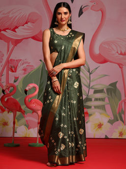 Akhilam - Women Silk Blend Olive Printed Designer Saree with Unstitched Blouse