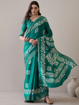 Akhilam - Women Silk Blend Teal Green Printed Designer Saree with Unstitched Blouse