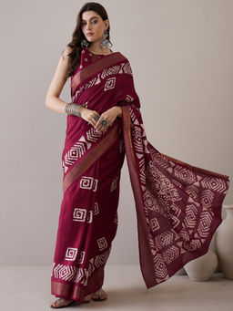 Akhilam - Women Silk Blend Magenta Printed Designer Saree with Unstitched Blouse