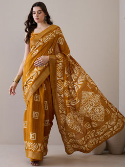 Akhilam - Women Silk Blend Mustard Printed Designer Saree with Unstitched Blouse
