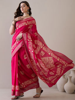 Akhilam - Women Silk Blend Pink Printed Designer Saree with Unstitched Blouse