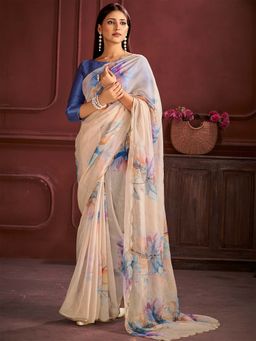 Akhilam - Women Organza Peach Printed Designer Saree with Unstitched Blouse
